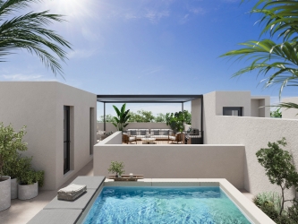 Private patio residence with expansive living spaces and rooftop solarium